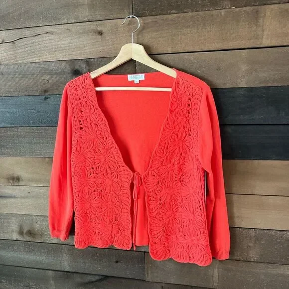 Joseph A Bright Orange Floral Tie Front Cardigan Sweater - Picture 8 of 10